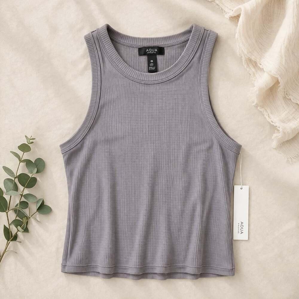 AQUA Athletic Ribbed Shelf Bra Tank‎ Top Storm Front Grey Size L
